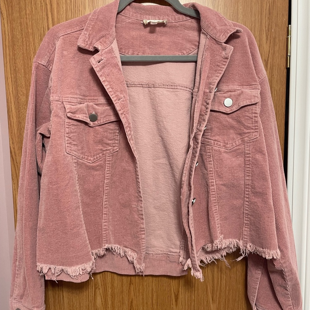 Women's Pink Frayed Hem Corduroy Jacket